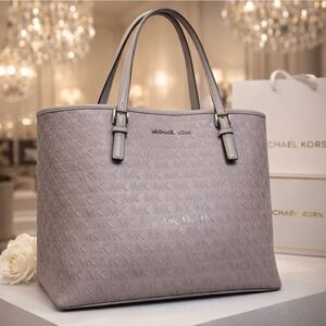 Michael Kors Purse Jet Set Carryall Large Tote MK Shoulder Bag Silver Gray